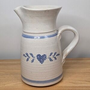 Vintage Handmade Stoneware Studio Pottery Beige Glaze Blue Heart Pitcher Signed